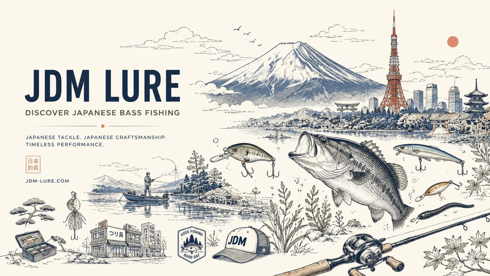 Illustrated JDM Lure banner: Mount Fuji, Tokyo Tower and a Japanese skyline behind a lake, with a largemouth bass, Japanese bass lures, an angler in a boat, a tackle shop and a baitcaster rod and reel.